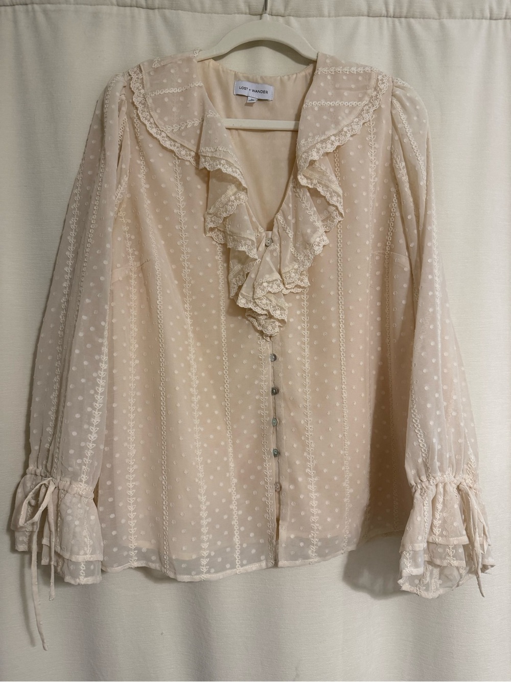 Lost + Wander Cream Ruffle Dot Lace Button-Up Blouse